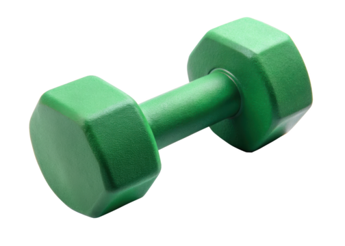 A green dumbbell designed for strength training. Perfect for home and gym use. Isolated on transparent background, png.