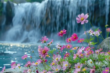 Flowers beside waterfall