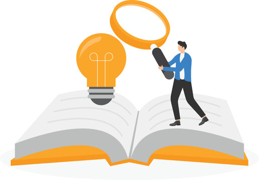 isometric vector illustration on gray background, open book and glowing light bulb with exclamation mark, knowledge in books and search for idea

