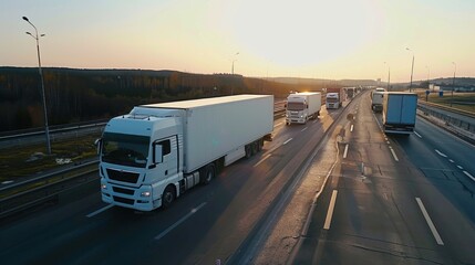 Semi Trucks on Highway at Sunset