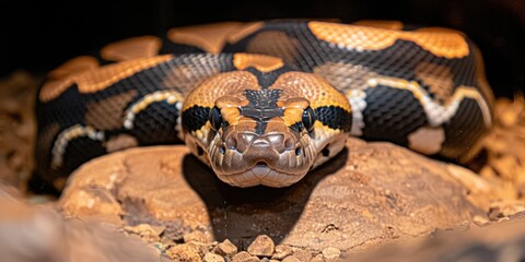 Fototapeta premium Coiled Ball Python Resting on Rock with Textured Skin in Natural Habitat