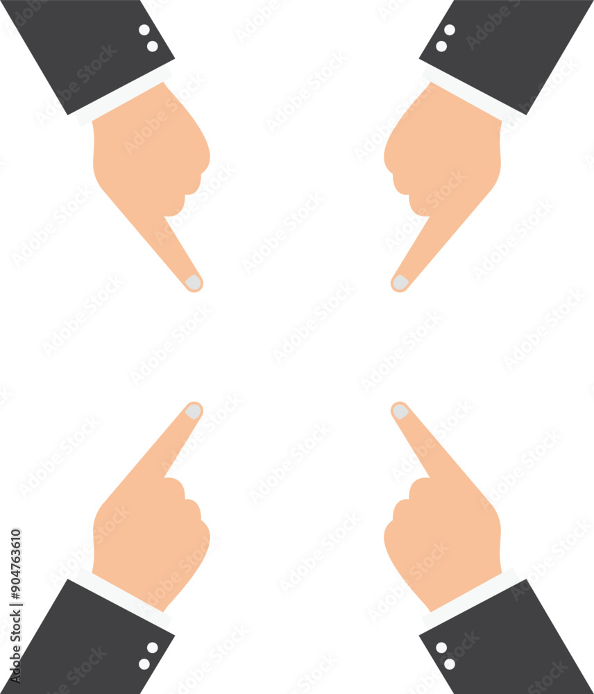 Poster isometric vector image on a blue background, hands of a man in a business suit with the index finger