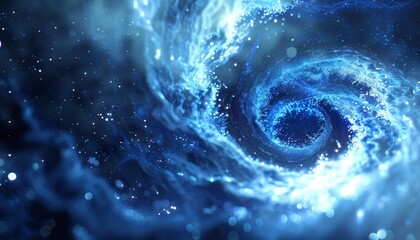 Digital Depiction of Swirling Abstract Blue Light Vortex, Ethereal Glowing Particles in Motion, Background with Copy Space