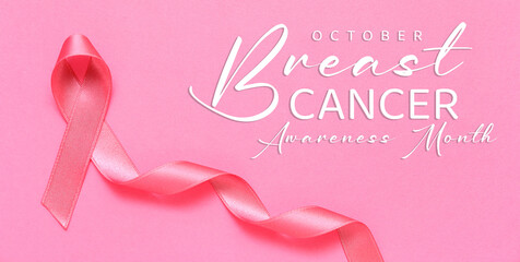 Pink ribbon on color background. Banner for Breast Cancer Awareness Month