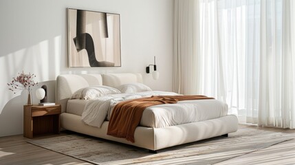 Modern bedroom with white walls and wooden floors