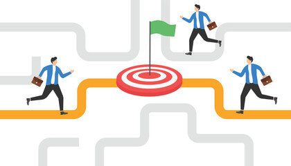isometric vector illustration on gray background, people in business clothes are running towards the goal along the yellow paths, business rivalry

