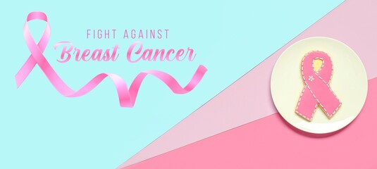 Plate with cookie in shape of pink ribbon on color background. Banner for Breast Cancer Awareness Month