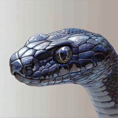 Naklejka premium CloseUp of Shiny Robotic Snake with Metallic Scales and Reflective Eyes in Futuristic Design