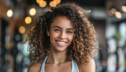Smiling Woman with Curly Hair in Gym, Blurry Background with Lights, Sporty Outfit, Happy Expression, Bright and Energetic
