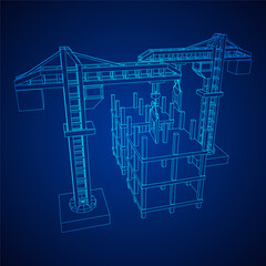 Construction crane tower. Building under construction industrial concept. Wireframe low poly mesh vector illustration.