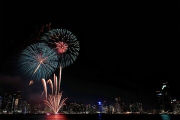 Many flashing fireworks with night cityscape background
