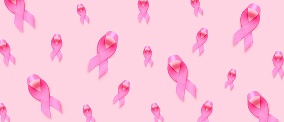 Pink ribbon on color background. Breast cancer awareness concept
