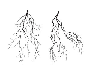 Lightning icons set. Lightning silhouettes isolated on white background. Electric bolts, Thunder strikes, Weather phenomenon icons template. Vector illustration. 