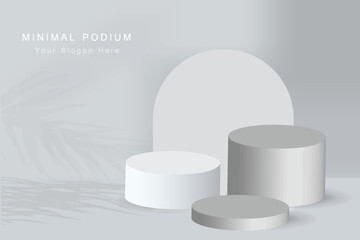 Abstract white 3D room with realistic white cylinder pedestal podium set and palm leaf shadow overlay. Minimal scene for product display presentation. Vector geometric platform. Stage for showcase.
