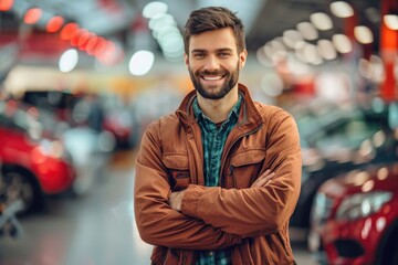 Fototapeta premium Smiling Man in Leather Jacket Standing with Arms Crossed in Car Showroom