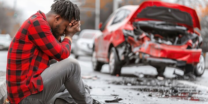 Man sitting next to wrecked car on roadside