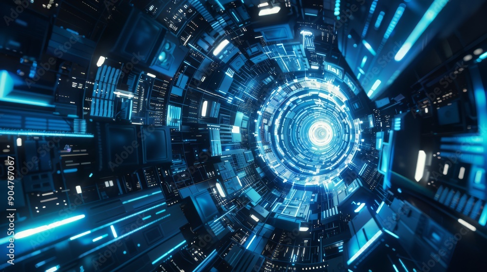 Poster a captivating view of a futuristic digital tunnel illuminated with blue neon lights and high-tech el