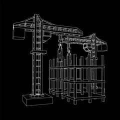 Construction crane tower. Building under construction industrial concept. Wireframe low poly mesh vector illustration.