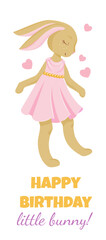 Cute bunny in pink dress and birthday message. Perfect for kids' birthday greetings and invitations.