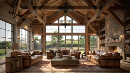 Imagine a rustic living room with exposed wooden beams, a stone fireplace, and comfortable leather sofas.