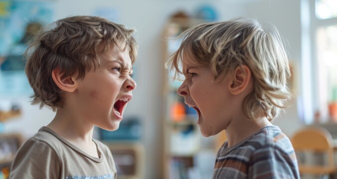 Two boys fighting in classroom