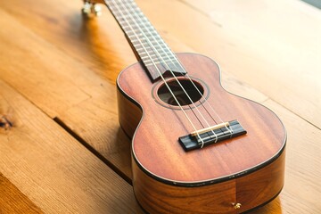 Obraz premium A wooden ukulele placed on a wooden surface