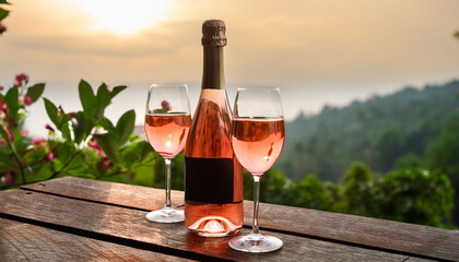  bottle of pink rose wine with two glasses, romantic dinner for couple