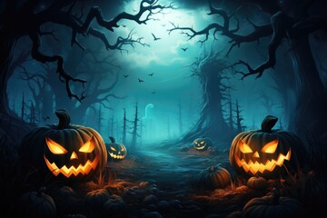 Jack-o-lanterns lit in a spooky forest