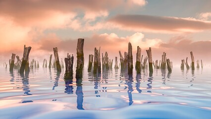 Obraz premium A serene waterscape with a series of weathered wooden stakes emerging from the calm water