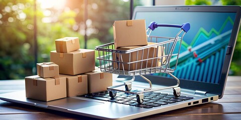 Online Shopping Concept: Miniature Shopping Cart on Laptop Keyboard