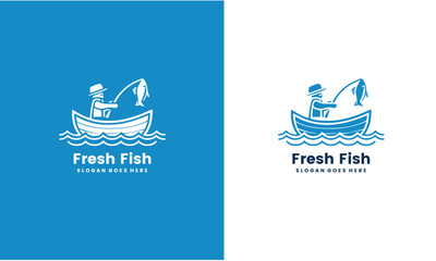 Vector Illustration of Fisherman Catching fresh Fish logo on the Boat with Vintage Illustration EPS10 file.