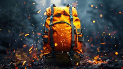 18. Hiking Backpack, realistic style, colors full, stripes pattern, close-up, dramatic lighting, sparks,