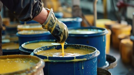 Fototapeta premium Worker Pouring Bright Yellow Paint into Blue Containers