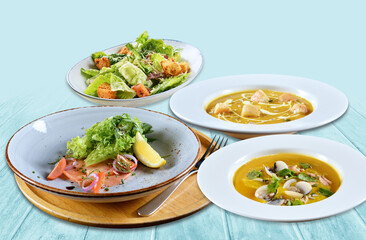 big breakfast egg sausage ham salmon toast cherry tomato vegan salad mushroom soup in white bg western banquet halal healthy food restaurant appetiser snack cafe menu set combo crop design