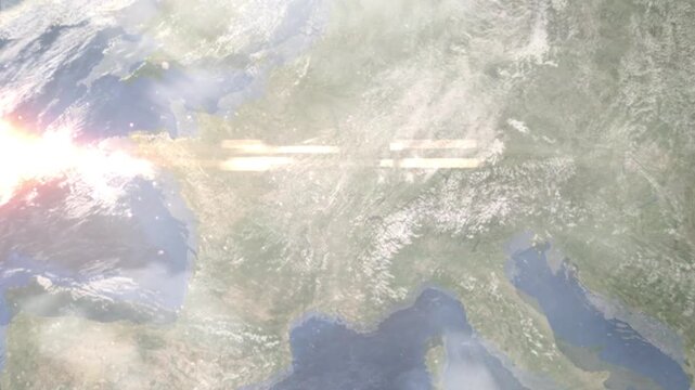 Earth zoom in from space and focus on Dole, France. Background for travel intro or blog. Satellite view. 3D style Animation. Images from NASA.