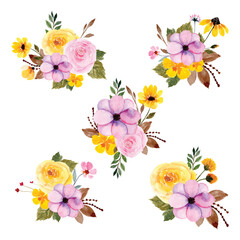 Set of Pink Yellow Watercolor Floral Bouquet
