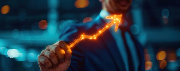Obraz premium A businessman holds a glowing arrow symbolizing growth and success against a blurred urban background.