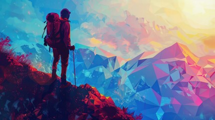 20. Hiker, realistic style, pastel colors, geometric pattern, low angle, high contrast, glowing light,
