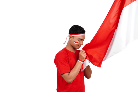 Indonesian man celebrating Indonesia's independence day on 17 August by holding the Indonesian flag isolated transparent