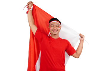 Indonesian man celebrating Indonesia's independence day on 17 August by holding the Indonesian flag isolated transparent