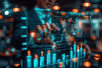 Businessman analyzing digital financial data on a futuristic touchscreen interface with glowing graphs and charts.