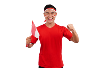 Indonesian man celebrating Indonesia's independence day on 17 August by holding the Indonesian flag isolated transparent