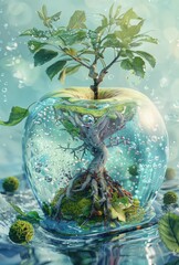 A Tree Growing Inside a Water-Filled Apple
