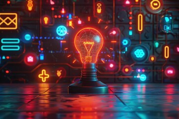 Startup launch event with futuristic design and glowing symbols, symbolizing a bright future, photorealistic, new business