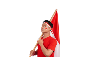 Indonesian man celebrating Indonesia's independence day on 17 August by holding the Indonesian flag isolated transparent