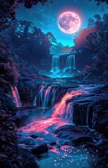 Enchanted Waterfall Under a Pink Moon