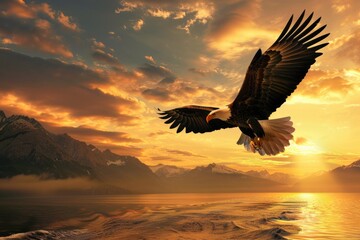 Bald eagle soaring at sunset