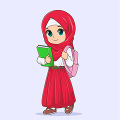 Cute Indonesian elementary school student girl character with hijab and carrying a backpack. cartoon vector illustration