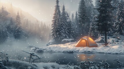 21. Snow Camping, realistic style, earth tones, nature-inspired pattern, medium shot, natural light, fog,