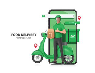 male food delivery man in an green uniform is holding food paper bag in front of scooter or motorcycle and smartphone, vector 3d isolated on white background for delivery advertising design